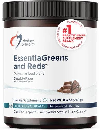 Designs for Health EssentiaGreens and Reds (chocolate, 30 porciones), superalimento vegano en polvo con espirulina, col rizada y más, para nutrición
