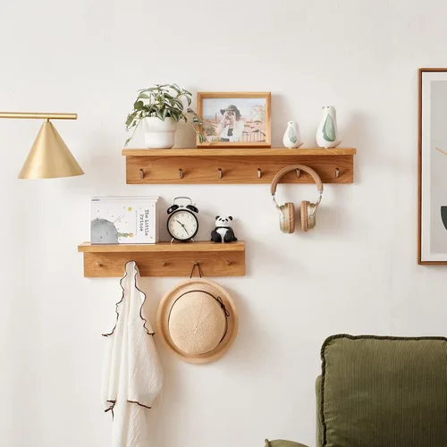 Miniatura 4 de Perchero de madera de roble con estante de 20 pulgadas de largo, 5 ganchos, estante flotante de pared de entrada para baño, pasillo, sala de estar