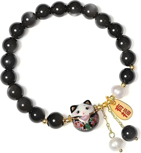 Miniatura 2 de Pulsera de gato de la suerte con cristal azul, colgante de gato de cerámica, joyería de buena suerte Feng Shui para mujer, pulsera de riqueza