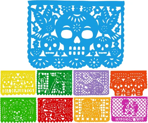 Miniatura 10 de Dia de los Muertos Papel Picado (PAPEL) – Decoración de fiesta del Día de Muertos (paquete de 4, 10 banderas por bandera) – Papel Picado Mexicano