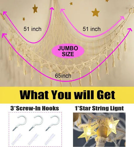 Miniatura 6 de Hamaca de almacenamiento para juguetes de animales de peluche con luz LED - Organizador de esquina para muñecas jumbo de macramé - Redes de Beige