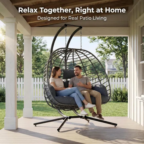 Miniatura 2 de SWITTE Silla doble de columpio en forma de huevo con soporte, hamacas de mimbre colgantes para patio al aire libre de 2 personas con cojín para Gris