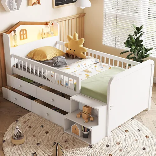Miniatura 16 de VilroCaz Moderna cabecera de almacenamiento de cama de tamaño individual y barandilla de seguridad para niños, base de cama de plataforma de madera