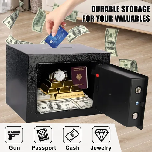 Miniatura 3 de Caja de seguridad electrónica mini MAESTON con teclado digital y llaves, pequeñas cajas de depósito seguro con ranura para monedas, cajas de Negro