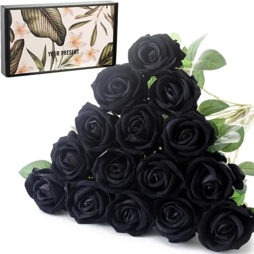 Miniatura 18 de 12 rosas artificiales de terciopelo sintético para decoración del hogar y boda (rosa perla, negro)
