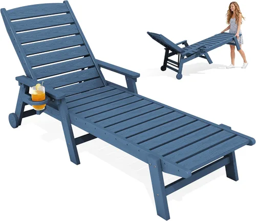 Miniatura 13 de KINGYES Sillón de polietileno de alta densidad para exteriores, tumbona reclinable para patio con portavasos para todo tipo de clima, tumbona