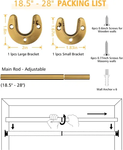 Miniatura 6 de Barras de armario para colgar ropa, resistentes, longitud ajustable (#2 dorado, 18.5 - 28 pulgadas)
