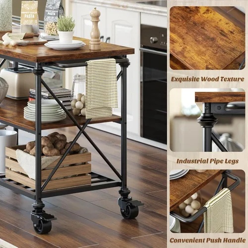 Miniatura 7 de Carrito de isla de cocina Homieasy con ruedas, mesa de isla de cocina rodante de 3 niveles de madera y metal con patas de tubo, estantes