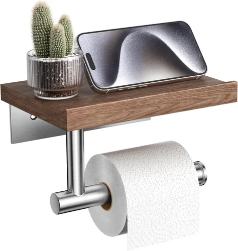 Miniatura 10 de Tindbea Portarrollos de papel higiénico con estante de madera, soporte de rollo de papel higiénico de madera para montaje en pared, accesorios