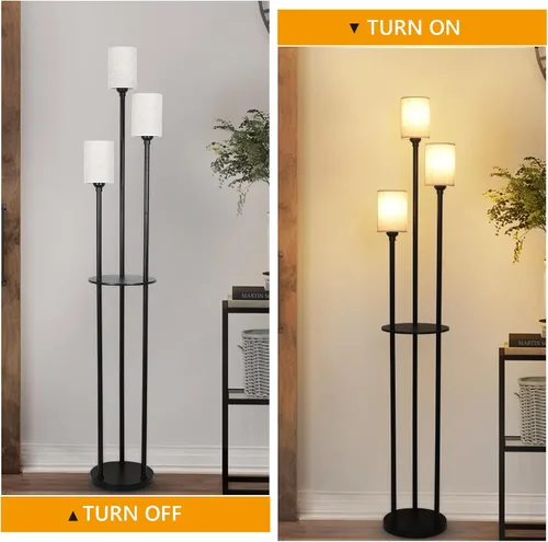 Miniatura 6 de Lámpara de pie con estantes, lámparas de pie modernas para sala de estar, lámpara de pie de 3 luces con pantalla de lino e interruptor de pie