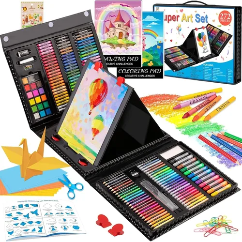 Suministros de arte, paquete de 272 juegos de arte para niñas, niños, adolescentes, artistas, caja de arte de regalo de lujo con caballete triple,