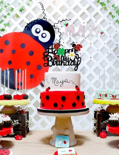 Miniatura 7 de Decoración para tartas de mariquitas, decoración de feliz cumpleaños para niños y niñas, mariquita con purpurina, trébol de margaritas, suministros