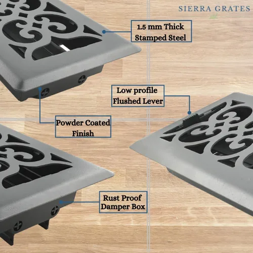 Miniatura 6 de Precision Flow - Rejilla de piso de acero de 4 x 10 pulgadas, diseño victoriano, acabado gris granito, cubiertas de ventilación prémium