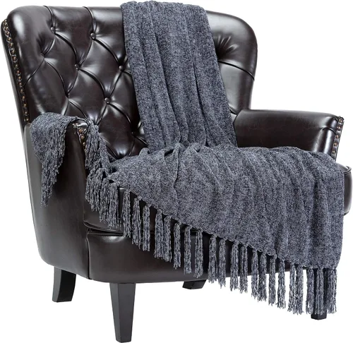 Chanasya Manta de felpilla con flecos de alta calidad, manta suave de terciopelo con brillo y borlas, 50 x 65 pulgadas, sombra oscura