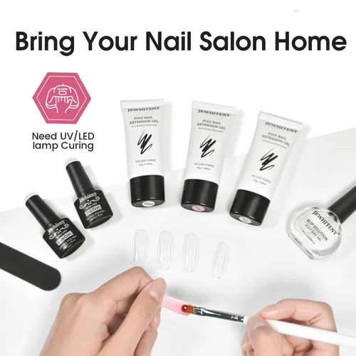 Miniatura 5 de JEWHITENY Set de uñas de gel de extensión de poligel transparente, blanco y rosa con capa base y capa superior para arte en dedos y manicura