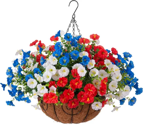 Miniatura 7 de Flores colgantes artificiales con cesta para exteriores, petunias sintéticas, plantas colgantes falsas con eucalipto, resistentes a los rayos UV