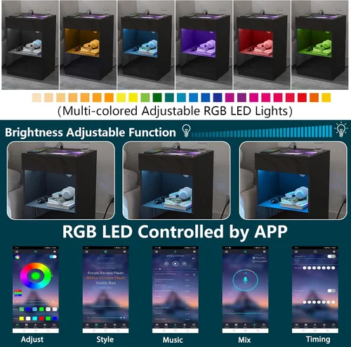 Miniatura 4 de HOMMPA Mesita de noche LED con estante abierto con estación de carga, 2 cajones, mesita de noche negra con almacenamiento, mesitas de noche