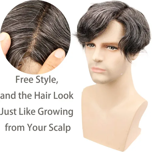 Miniatura 3 de Voloria Swiss Full Lace Hombres Toupee 1B Color Negro Cabello Humano Real Mezclado 20% Gris Pelo Sintético Reemplazo para Hombres Hairpiece