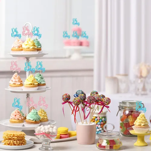 Miniatura 4 de Gyufise 36 piezas de decoraciones para cupcakes Oh Baby, arcoíris rosa y azul con purpurina, para baby shower, revelación de género, cupcakes para B