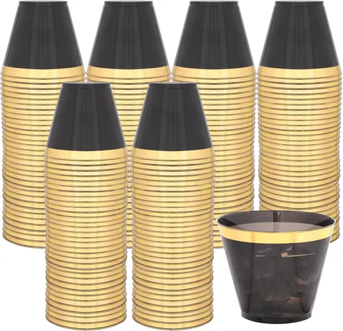 Miniatura 12 de Superrnal 100 piezas Vasos de Plástico Dorados y Negros 9OZ Elegantes Vasos Transparentes con Borde Dorado para Fiestas Vasos Desechables Elegantes