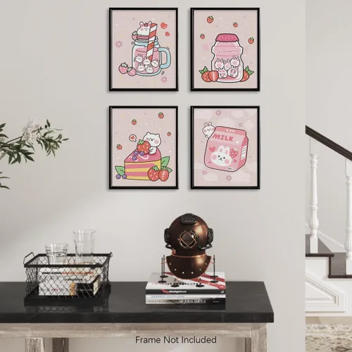 Miniatura 5 de Decoración de pared de anime japonés Kawaii para comedor, bonita decoración de cocina rosa, carteles estéticos de conejo y fresa, impresiones