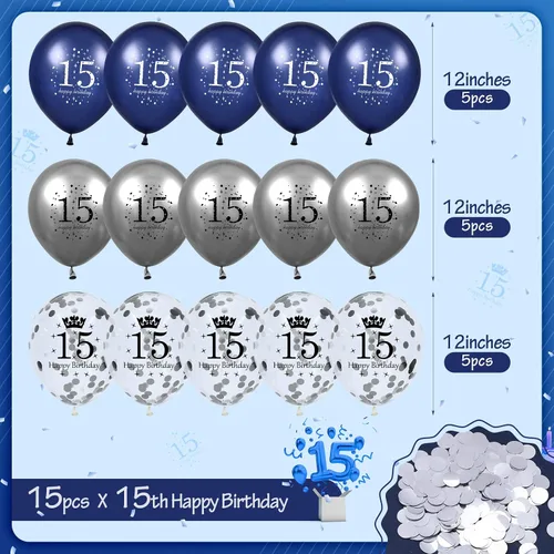 Miniatura 5 de Globos azules de cumpleaños número 15, 15 globos de feliz cumpleaños azul marino y plateado para niño o niña, látex, inflables, confeti