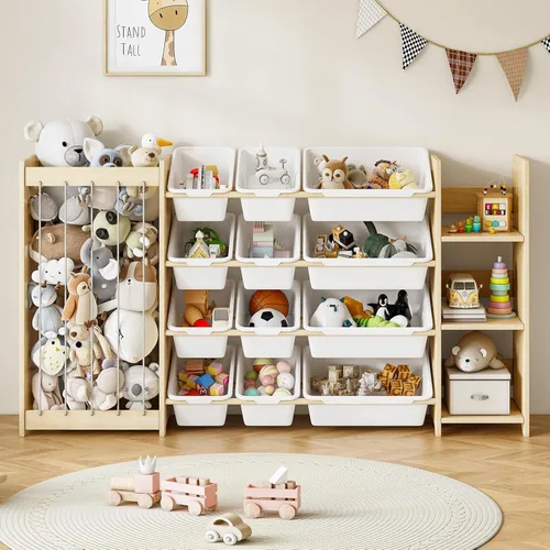 Miniatura 9 de EXPERLAM Organizador de almacenamiento de juguetes 3 en 1, soporte para animales de peluche y estantería de 3 niveles, organizador de juguetes