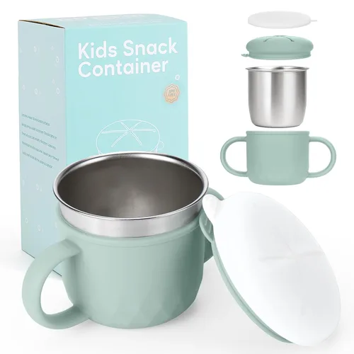 Miniatura 16 de Contenedor de merienda para niños pequeños, contenedores de merienda de acero inoxidable a prueba de derrames para niños pequeños con tapas y asas