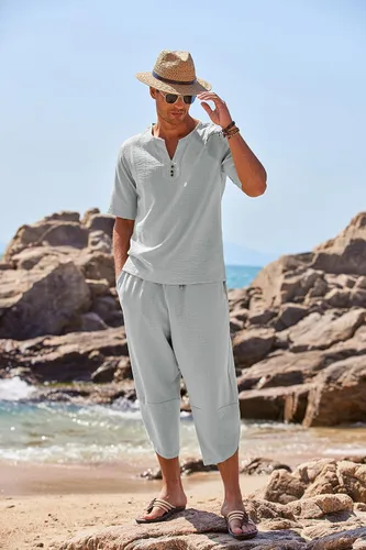 Miniatura 2 de COOFANDY Conjunto de 2 piezas de lino para hombre, camisa Henley de manga corta y pantalones capri harén, pierna ancha, holgados, pantalones de yoga