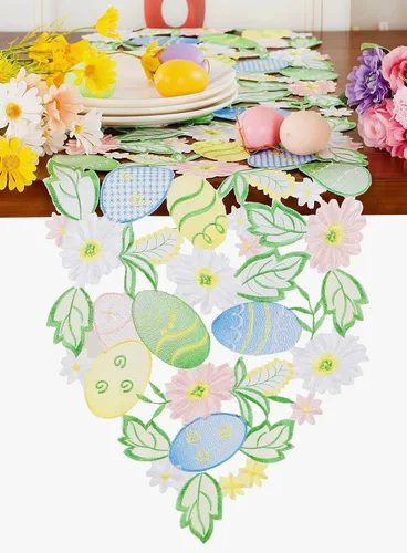 Miniatura 19 de Camino de mesa de Pascua, primavera, conejos, huevos, camino de mesa floral, bordado floral y conejos, huevos, bufanda, decoración de mesa