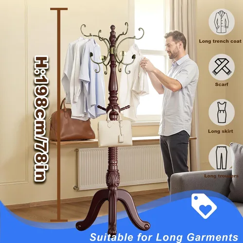 Miniatura 5 de Perchero independiente con 15 ganchos de metal, perchero de madera, árbol de abrigo resistente con base triangular resistente, carga de 200 libras