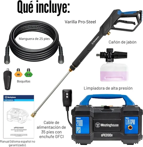 Miniatura 6 de Westinghouse ePX3100v - Lavadora a presión eléctrica, 2100 PSI máximo, 1.76 GPM máximo, asa de transporte incorporada, cañón de espuma desmontable