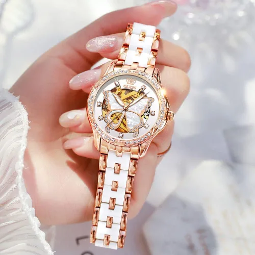 Miniatura 7 de OLEVS Relojes automáticos de oro rosa para mujer diseño de esqueleto mecánico de cuerda automática elegante vestido de lujo para mujer con diamantes