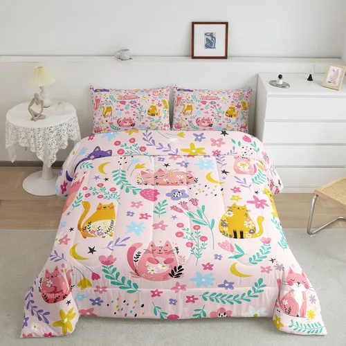 Miniatura 21 de Feelyou Juego de edredón para niños, diseño de gatos de dibujos animados, tamaño twin, lindo juego de ropa de cama de gatitos para adolescentes