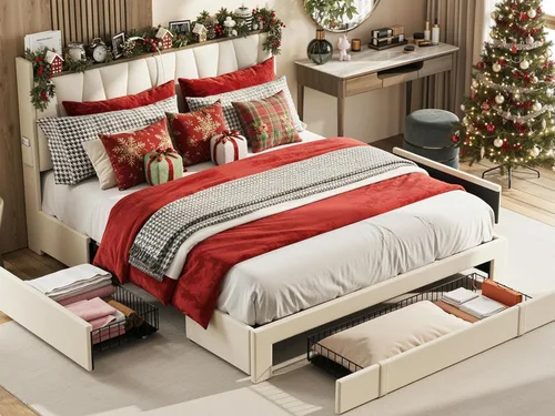 Miniatura 11 de ANCTOR Marco de cama tamaño completo con 3 cajones, cama plataforma tapizada con cabecera de almacenamiento y estación de carga, no necesita somier