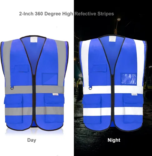 Miniatura 3 de Chaleco de seguridad reflectante con bolsillos, tira plateada de alta visibilidad para hombres y mujeres (azul, XXL)