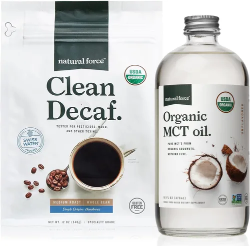 Natural Force Paquete de café descafeinado orgánico limpio + aceite MCT orgánico – MCT de coco 100% puro y café libre de moho y micotoxinas – Sin