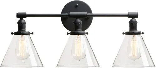 Miniatura 24 de PERMO Aplique doble cromado industrial de 2 luces, apliques de pared con pantalla de vidrio transparente acampanada en forma de embudo, luz