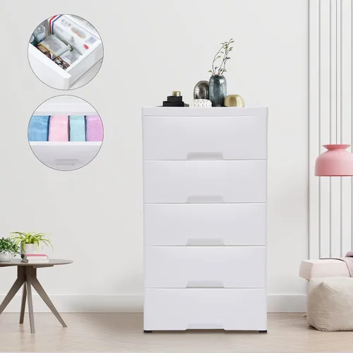 Miniatura 8 de Cajones de 5 capas con cerradura, cajonera con rueda universal desmontable, cómoda de almacenamiento de polipropileno para armario, dormitorio