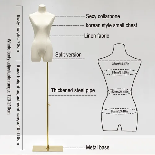 Miniatura 5 de Maniquí femenino con forma de torso para vestido, altura ajustable de 47" a 83", maniquí de exhibición con soporte de metal, manequí retro