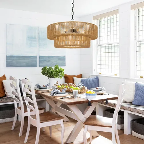Miniatura 4 de LamQee Candelabros de Ratán Estilo Granja de 22 Pulgadas, Lámpara de Araña Boho de 5 Luces con Pantalla de Mimbre Tejida a Mano, Luces Colgantes