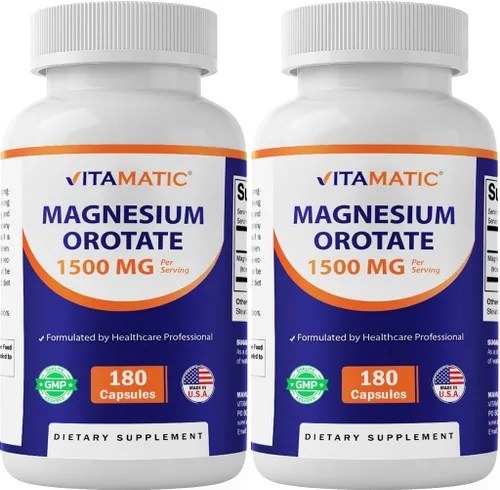 Vitamatic Suplemento de orotato de magnesio – 1500 mg por porción, 180 cápsulas – Apoya la salud muscular, nerviosa y cardíaca – Sin OMG, sin gluten