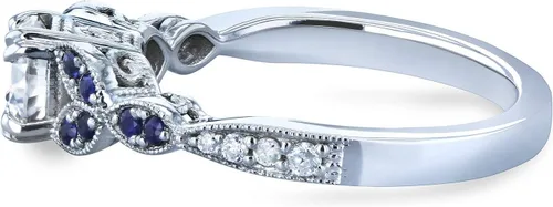 Miniatura 4 de Kobelli Anillo de compromiso frondoso de moissanita redonda con detalles de zafiro azul 5/8 CTW Oro blanco de 14 k (GH/VS, GH/I)