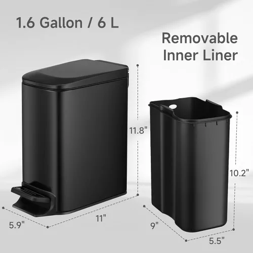 Miniatura 5 de TIPGO Cubo de basura delgado para baño con tapa de cierre suave, pedal de paso, cubo de basura de acero inoxidable de 6 litros/1.6 galones, cubos
