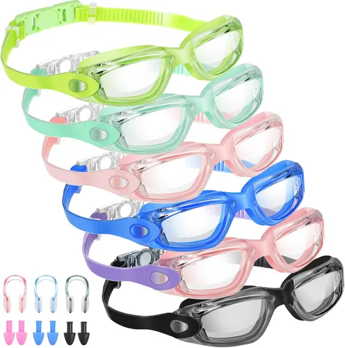 Flutesan Paquete de 6 gafas de natación para adultos, antiniebla, con tapones para los oídos, clip para la nariz, sin fugas, protección completa