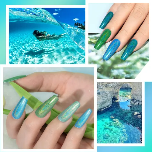 Miniatura 4 de RARJSM Juego de esmaltes de gel holográfico, color verde turquesa, kit de esmalte de uñas de gel con purpurina, colección de verano, 6