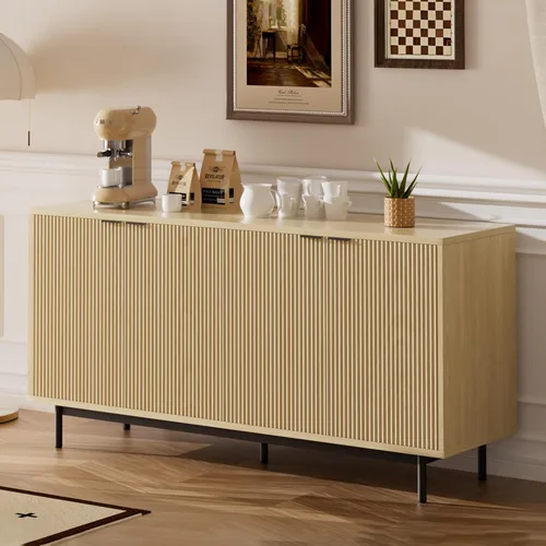 Miniatura 8 de Vipbear Aparador con almacenamiento, mesa consola de madera de 58 pulgadas con 4 puertas acanaladas y estantes ajustables, decoración moderna