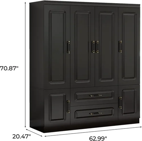 Miniatura 2 de Armario de madera, armario de almacenamiento grande, diseño de 4 puertas, armario con 2 cajones y 2 varillas para colgar, adecuado para dormitorio
