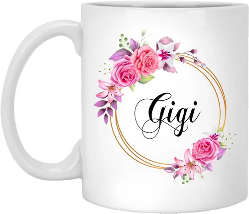 Gigi Flower - Taza de café novedosa para regalo para el día de la madre, flores rosas gigi en marco dorado, nueva taza Gigi, regalos de cumpleaños