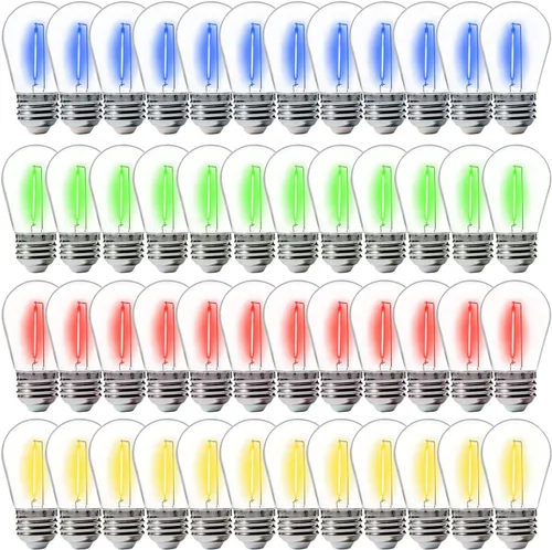 FLSNT Paquete de 48 bombillas LED de colores S14, bombillas de repuesto impermeables para exteriores, base E26, CRI80, rojo/verde/azul/blanco cálido